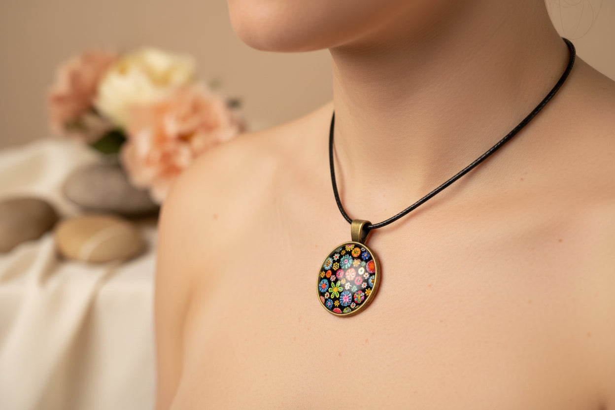 Cabochon Necklace Traditional Flowers
