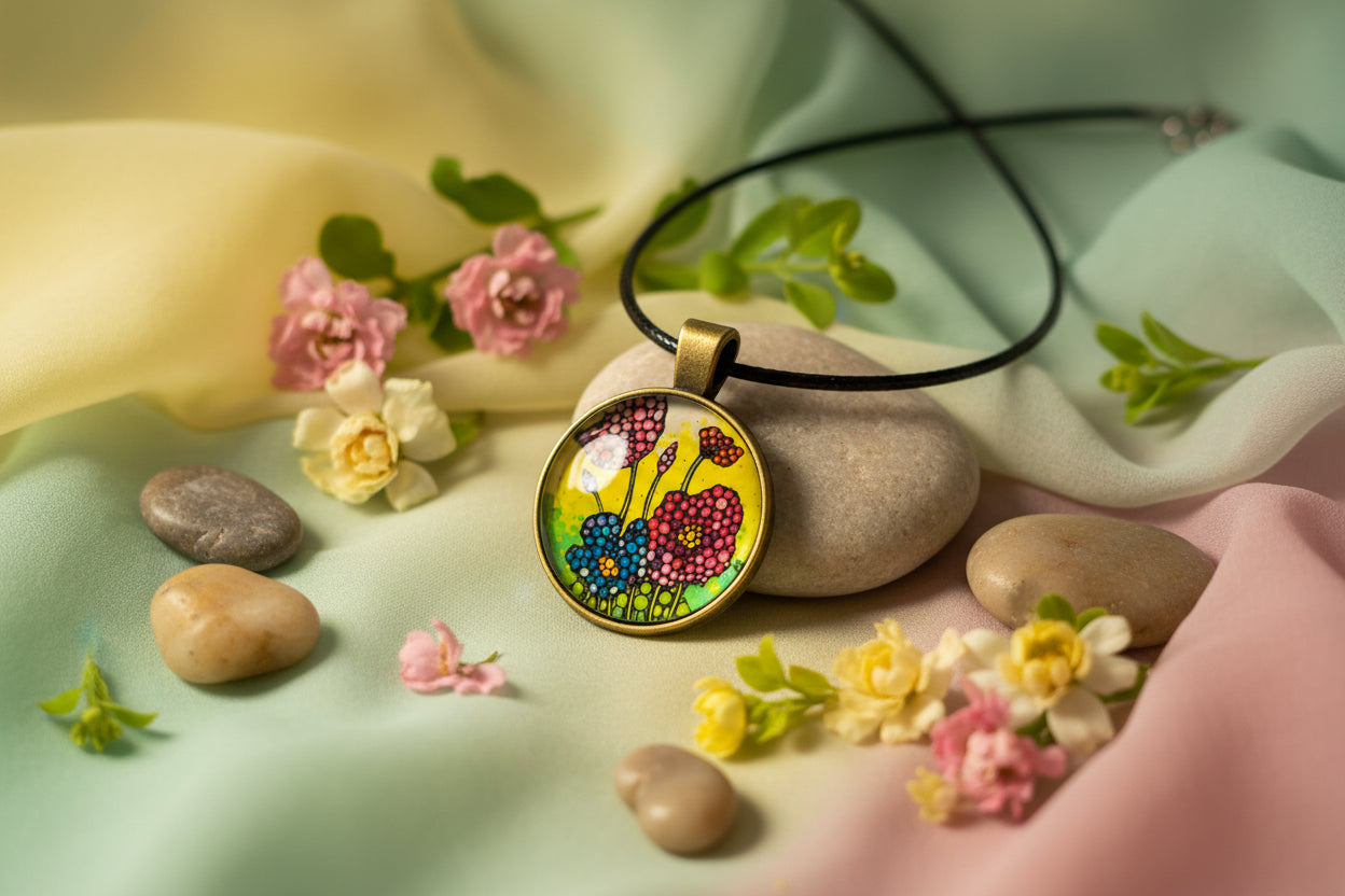 Cabochon Necklace Yellow and Red