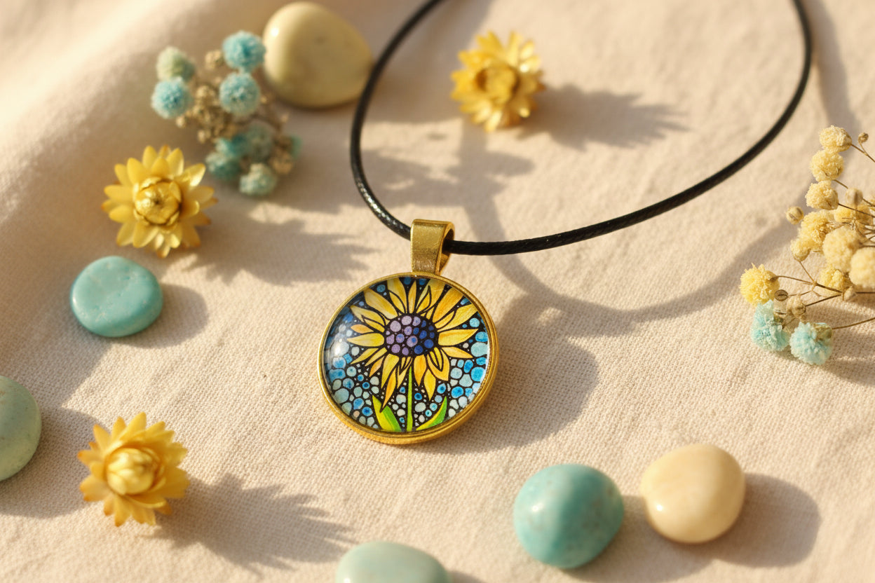 Cabochon Necklace Yellow Sunflower