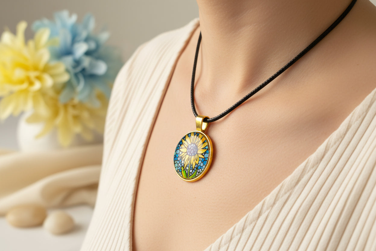 Cabochon Necklace Yellow Sunflower