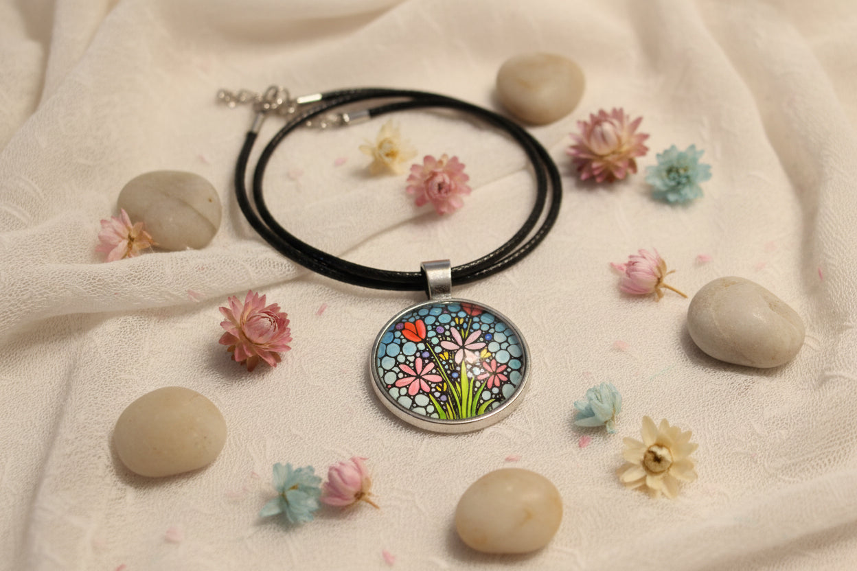 Cabochon Necklace with Flowers