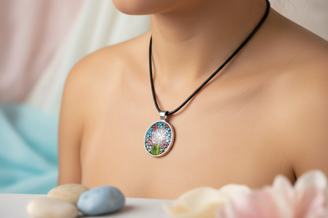 Cabochon Necklace with Flowers