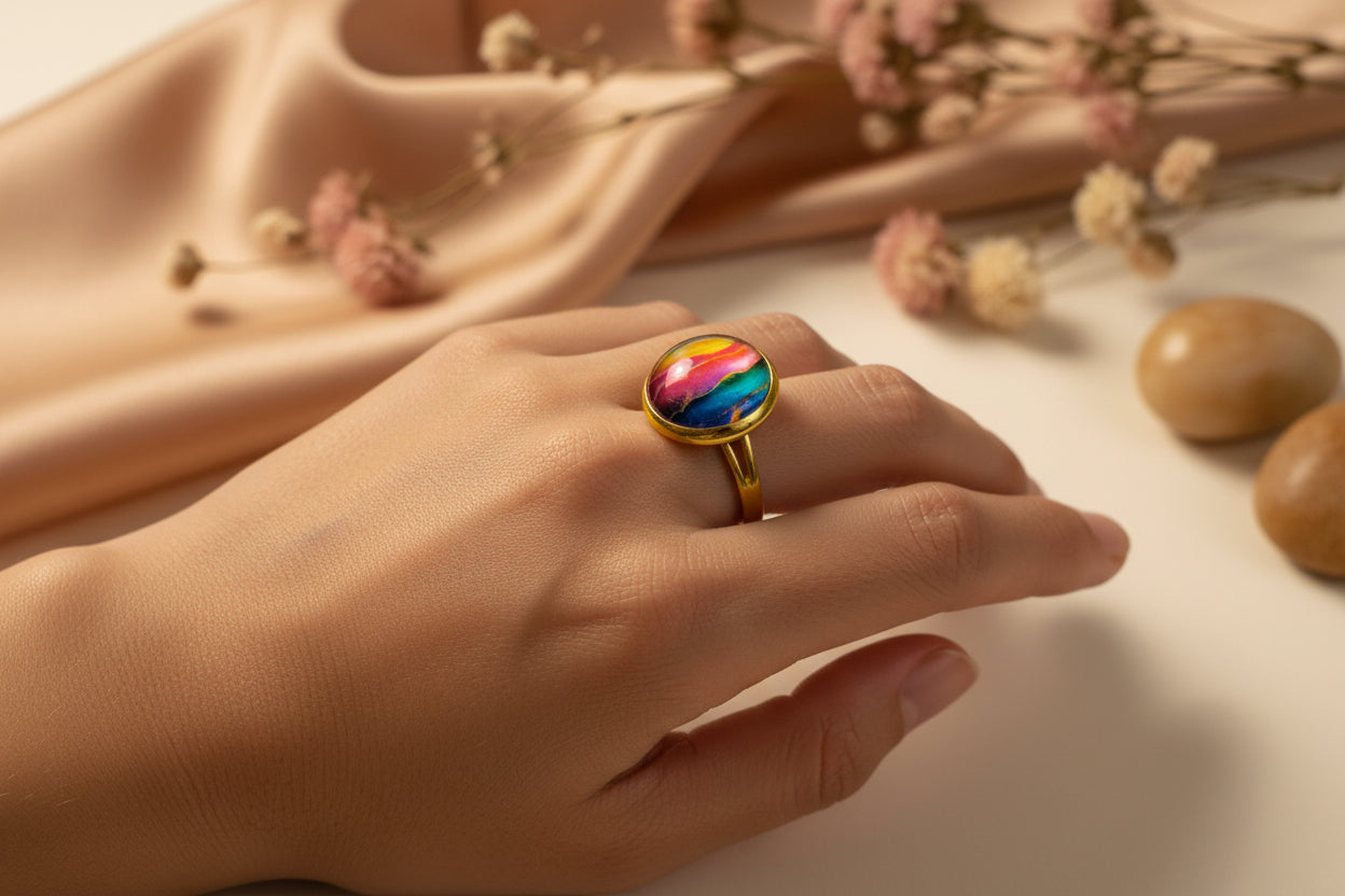 Cabochon Ring Colorful Waves