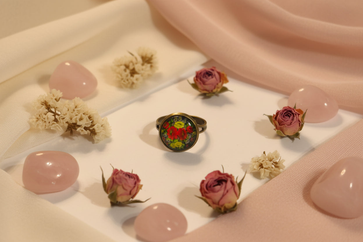 Cabochon Ring Red Flowers