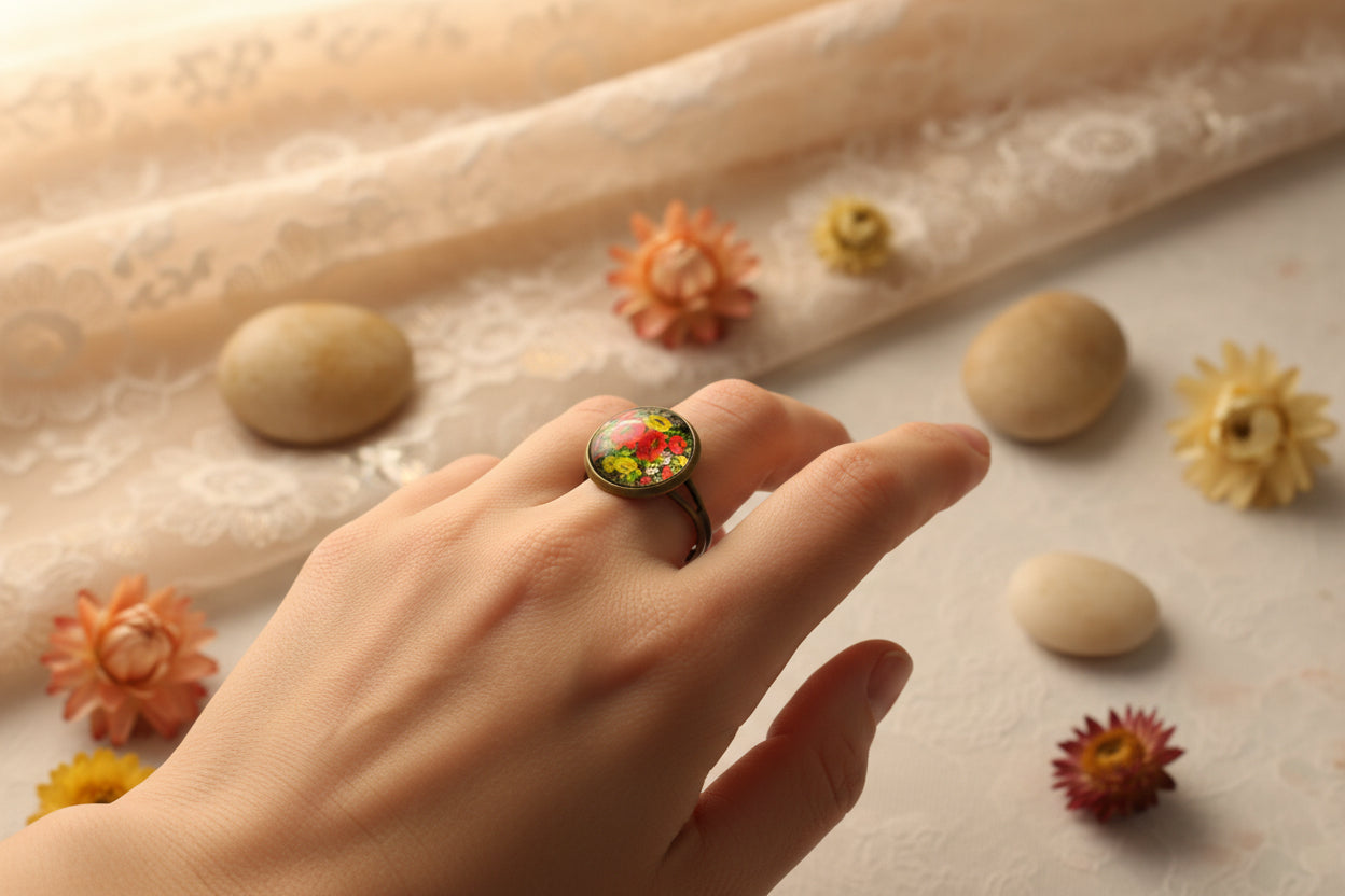 Cabochon Ring Red Flowers