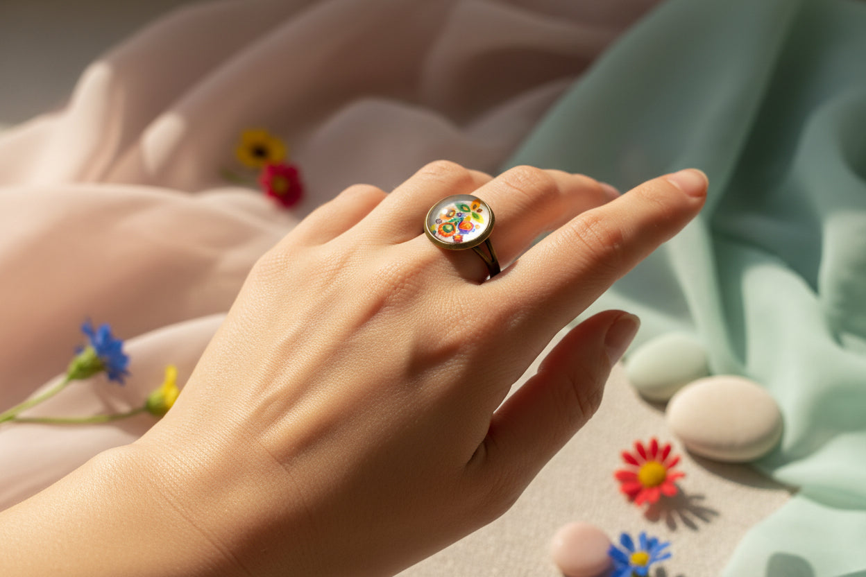 Cabochon Ring Traditional Flowers White