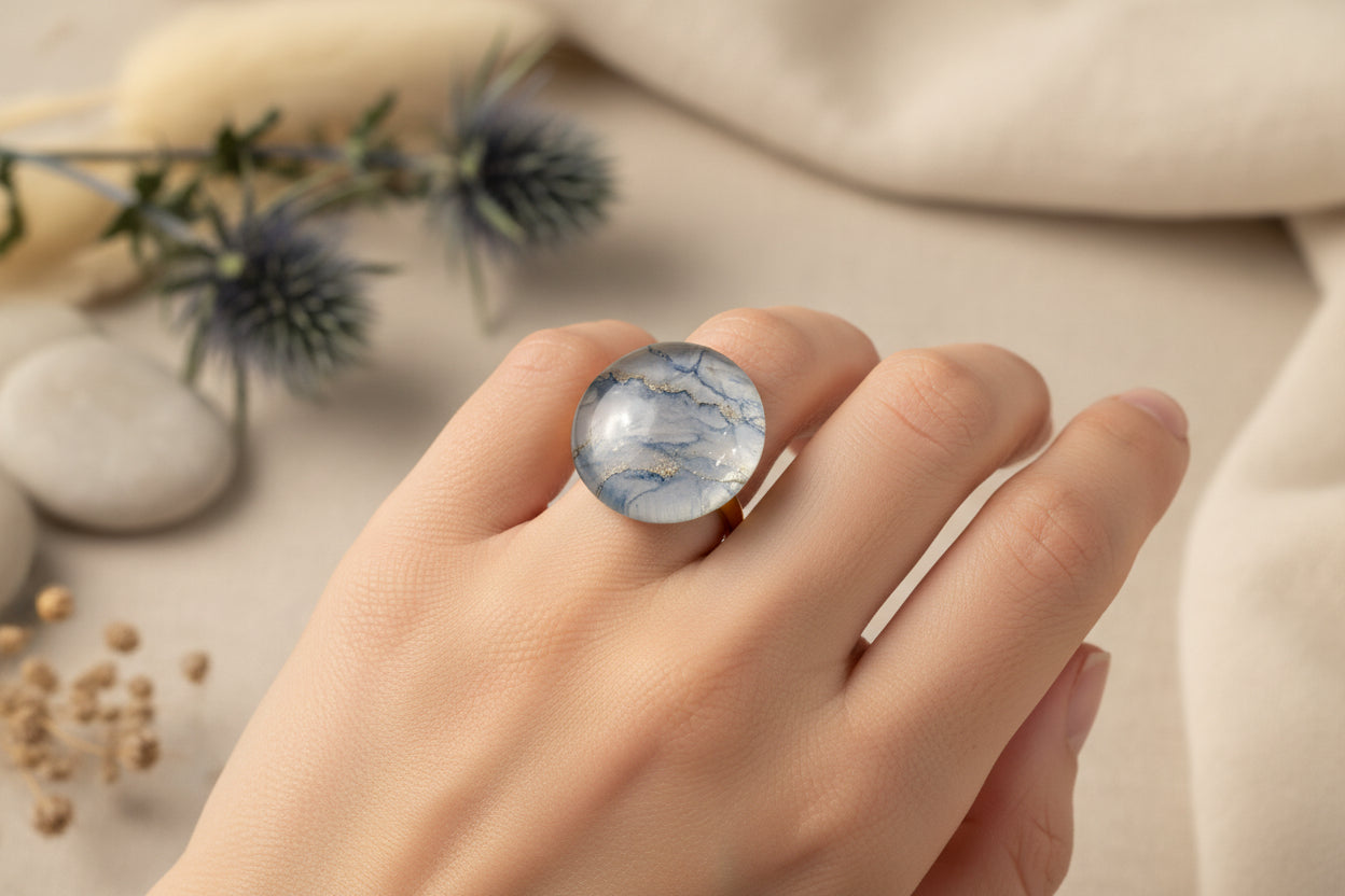 Cabochon Ring White Waves