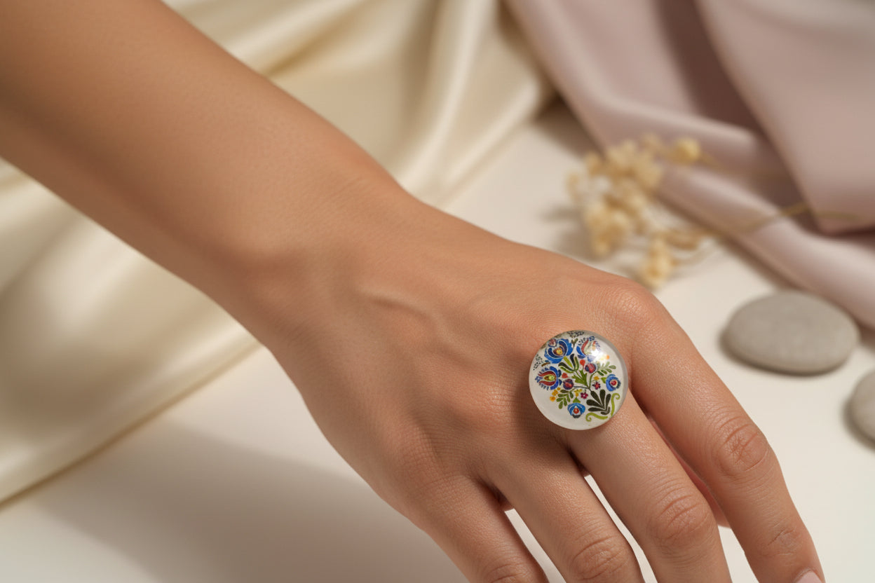 Cabochon Ring WhiteTraditional Flowers