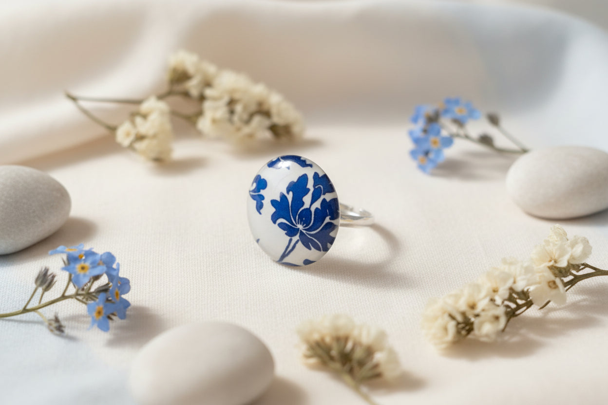 Cabochon Ring WhiteTraditional Flowers