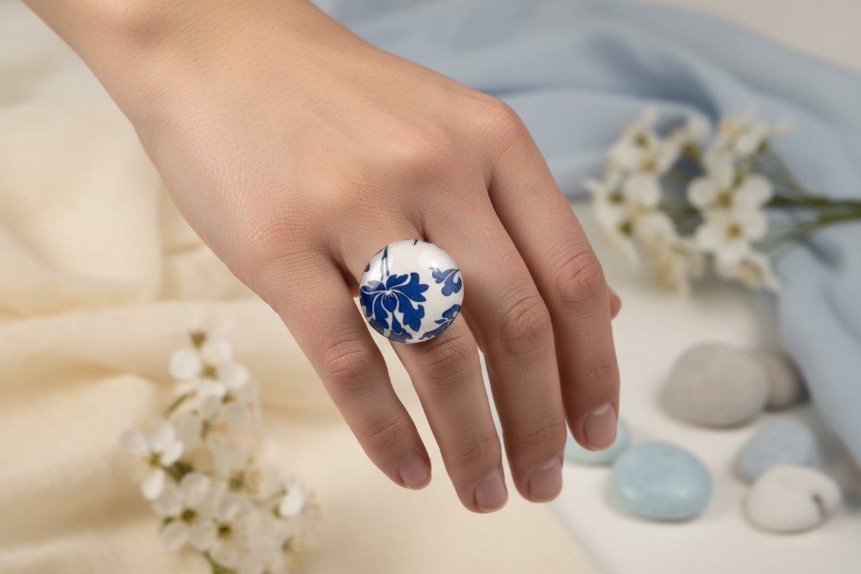 Cabochon Ring WhiteTraditional Flowers