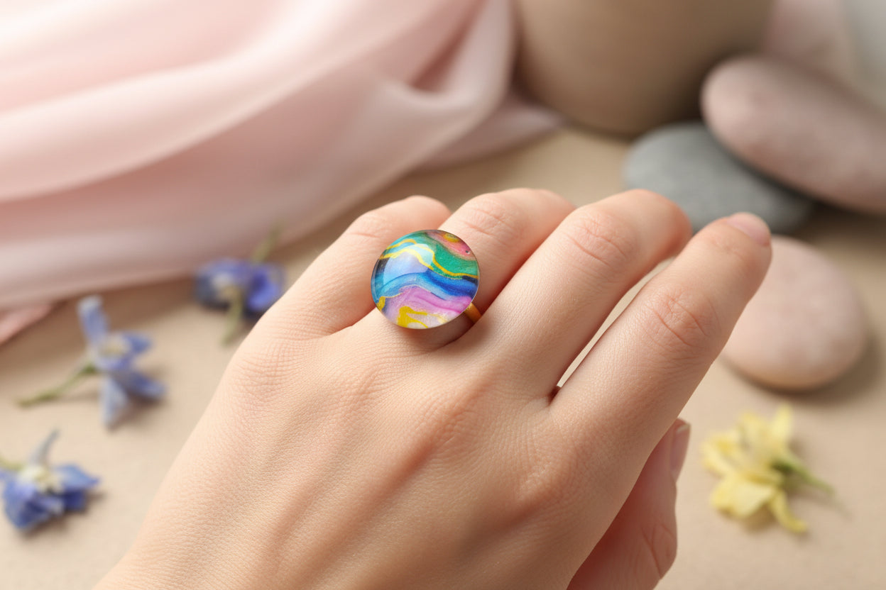 Cabochon Ring Colorful Waves