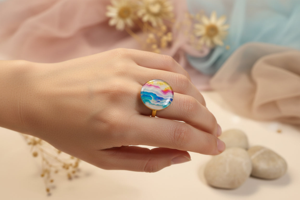Cabochon Ring Light Colorful Waves