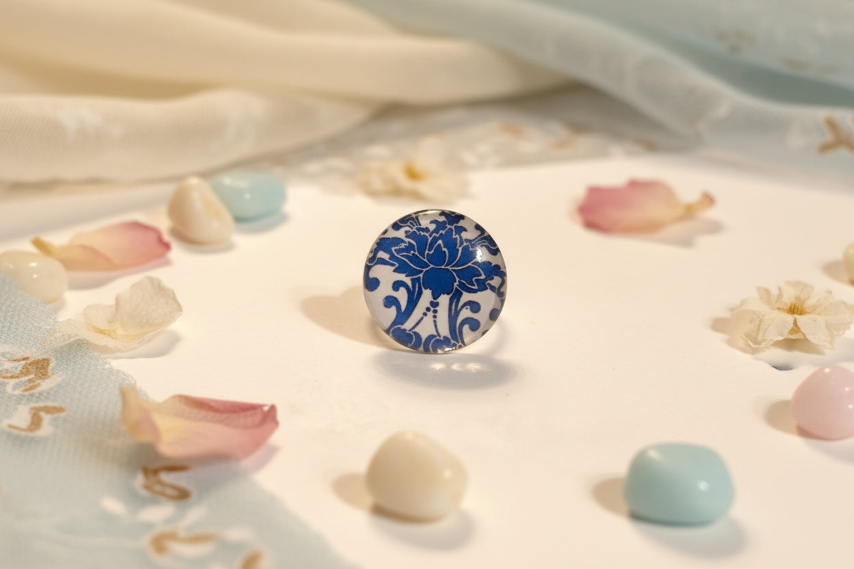 Cabochon Ring WhiteTraditional Flowers