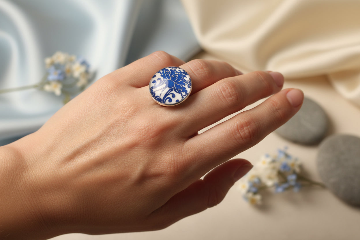 Cabochon Ring WhiteTraditional Flowers