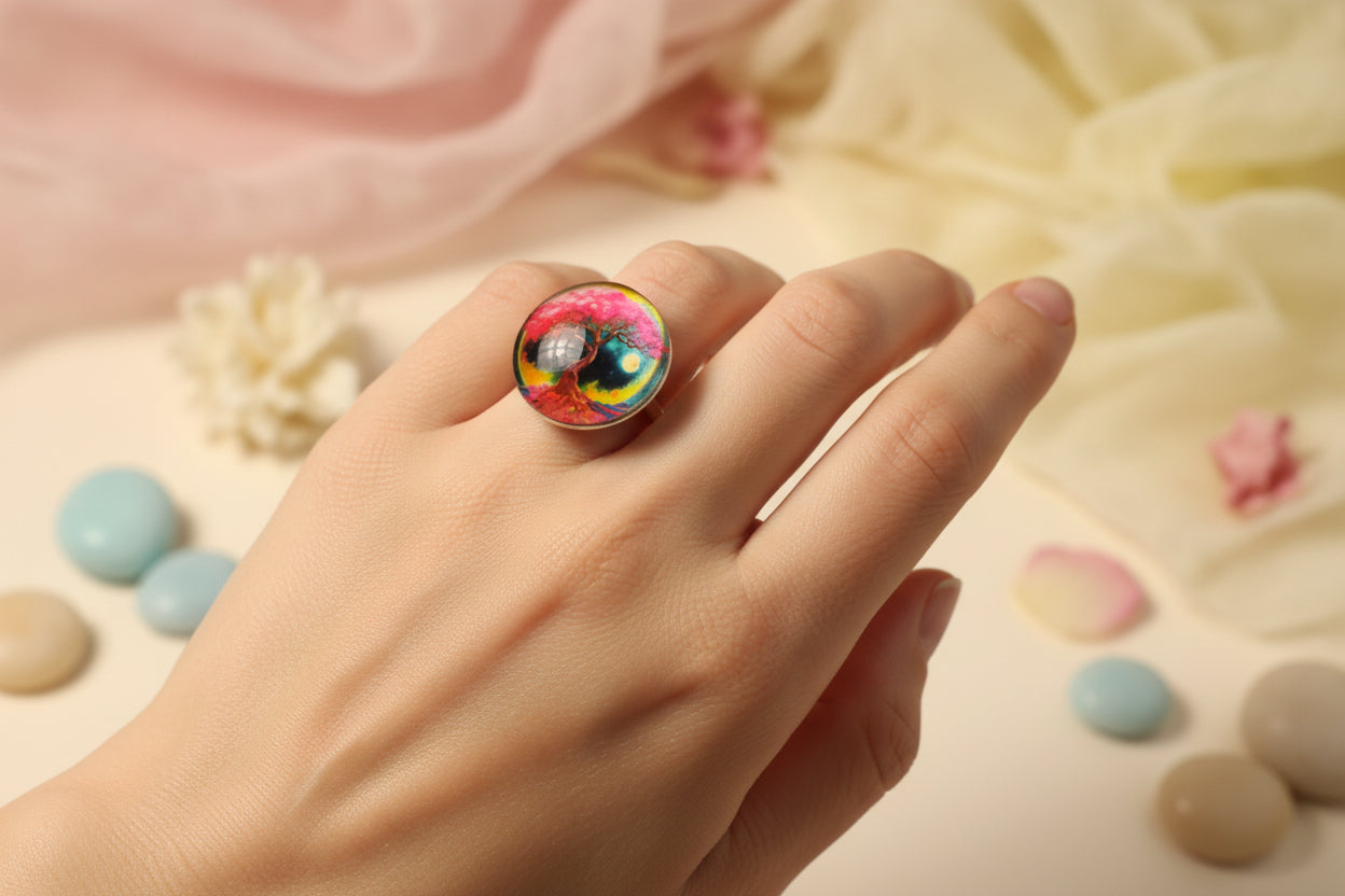 Cabochon Ring Pink Life Tree