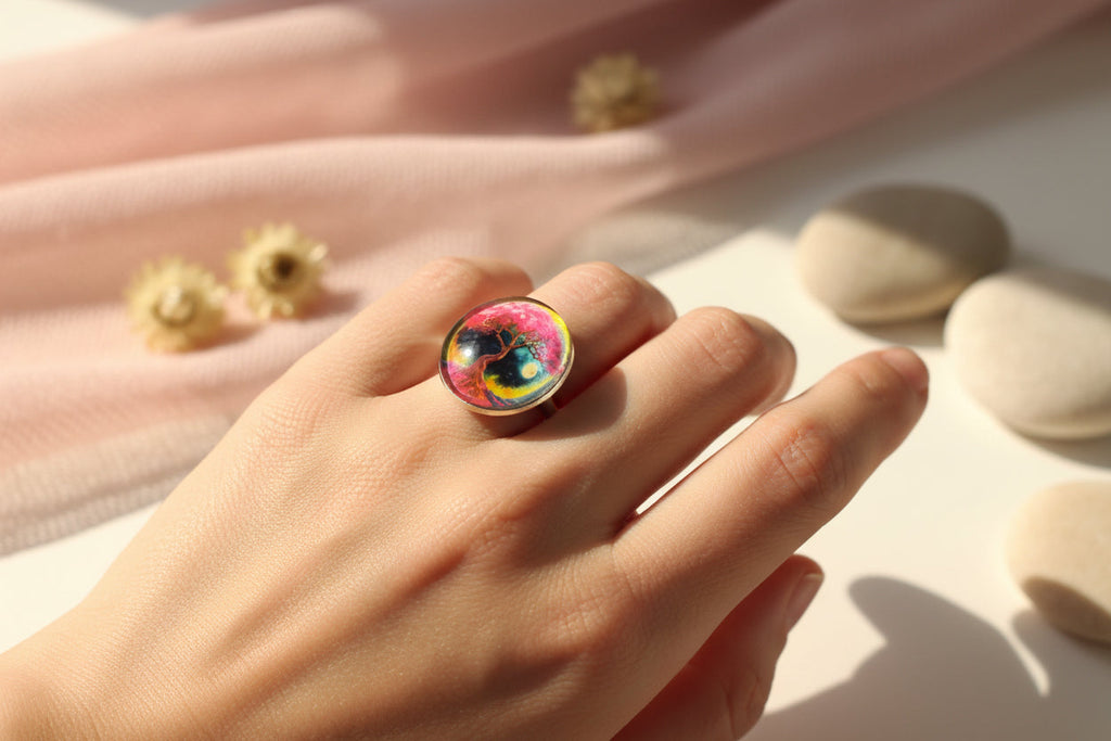 Cabochon Ring Pink Life Tree