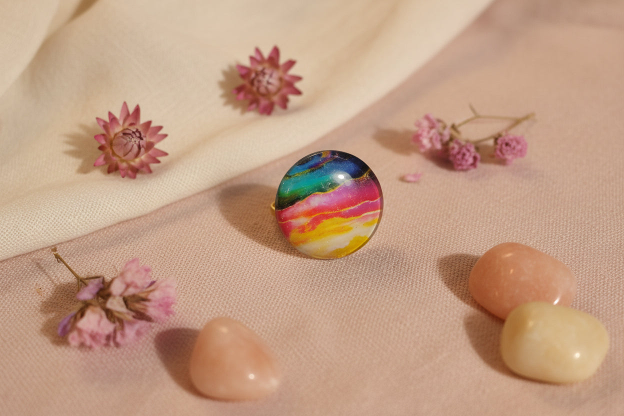 Cabochon Ring Colorful Waves