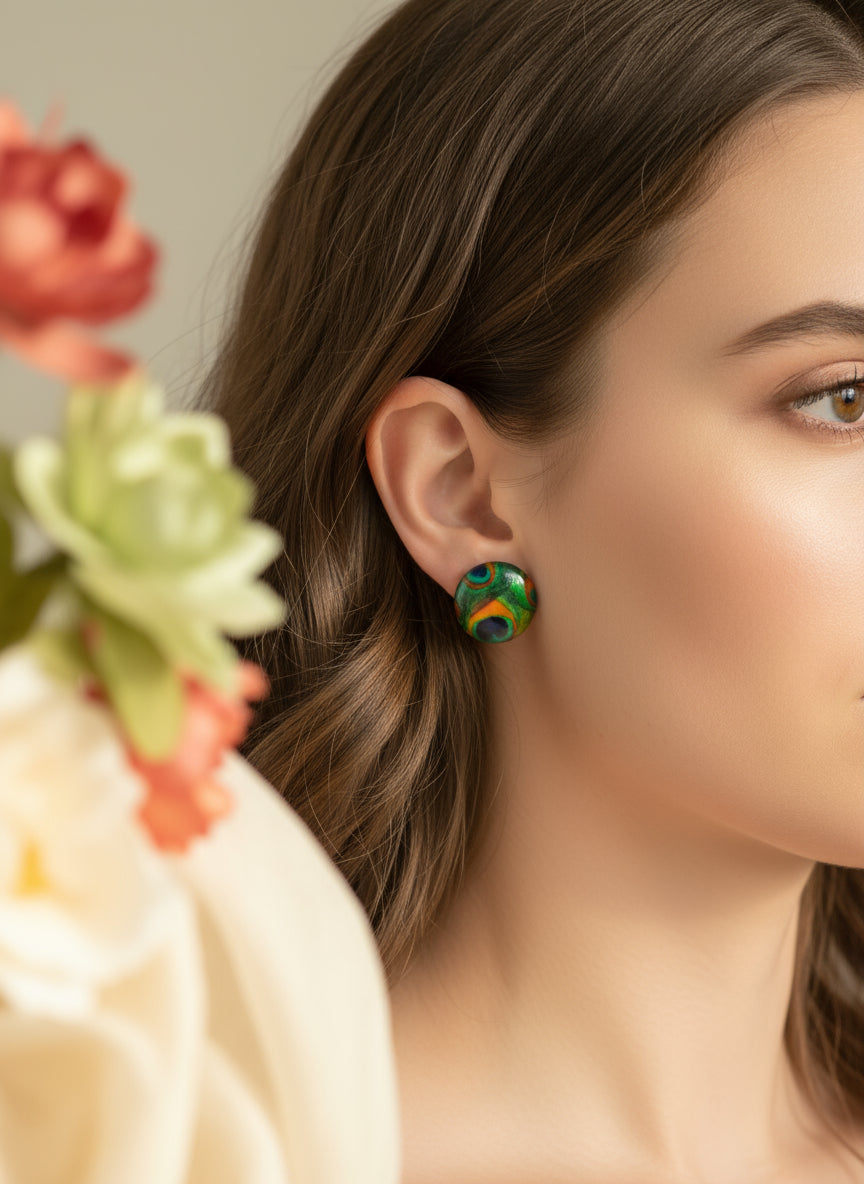 Cabochon Earring with Peacock