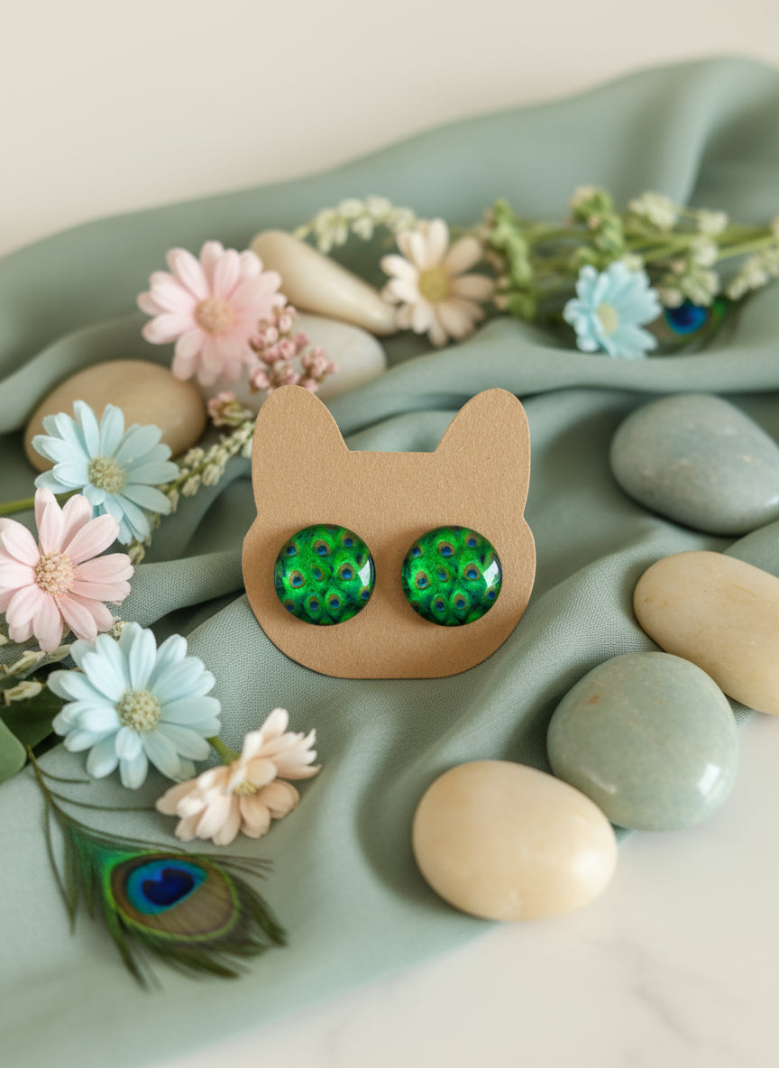 Cabochon Earring with Peacock