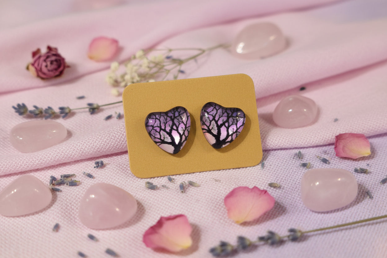 Cabochon Earring Heart Purple Tree