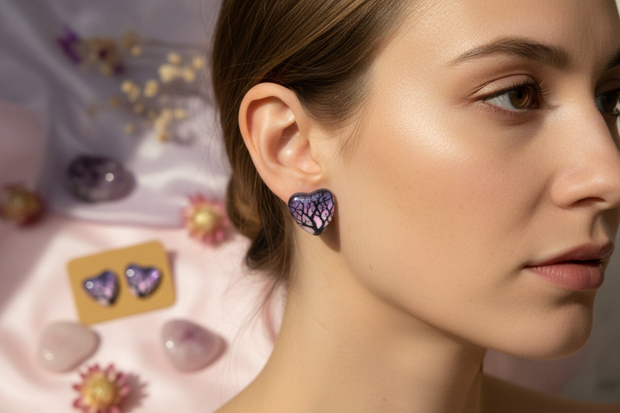 Cabochon Earring Heart Purple Tree