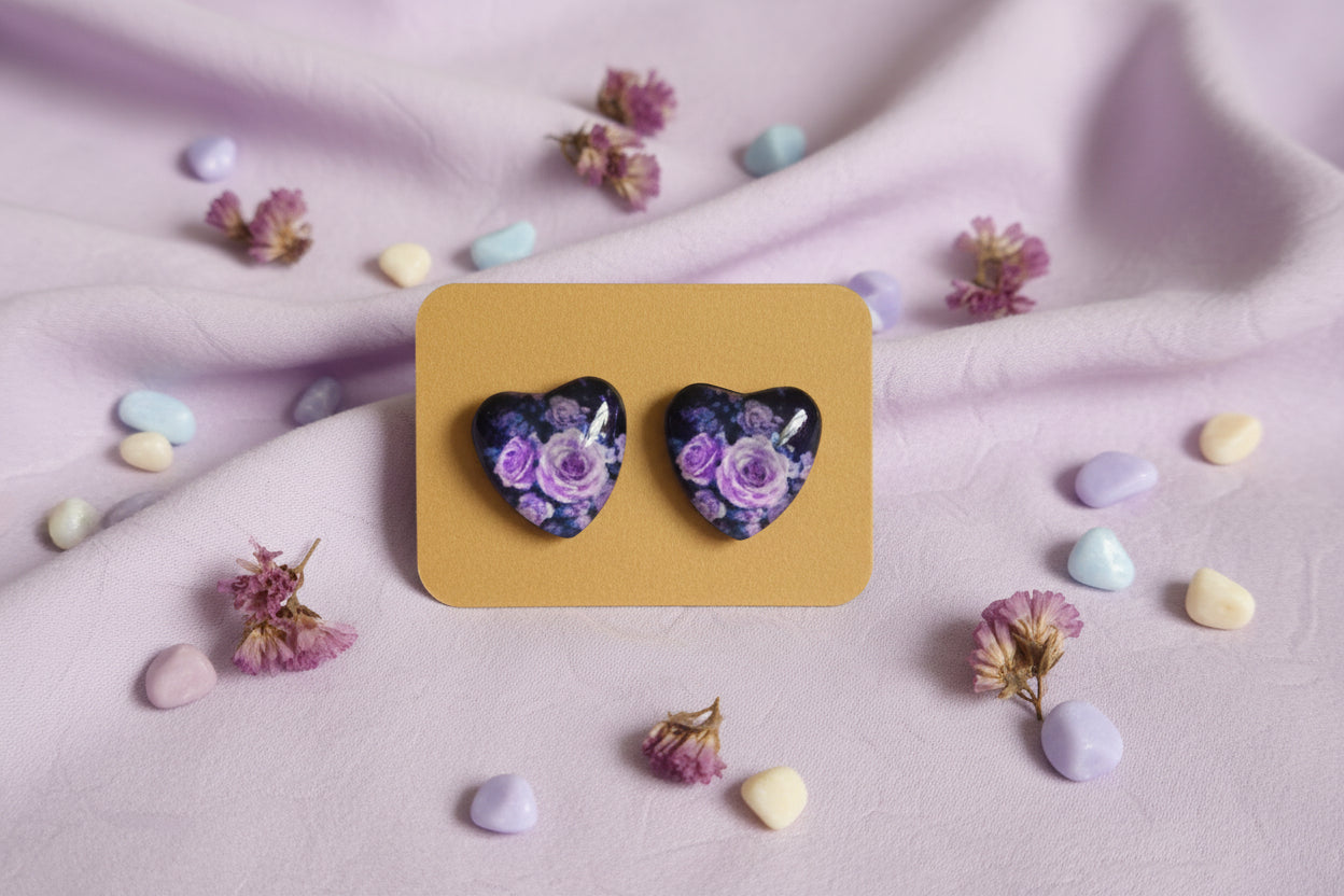 Cabochon Earring Heart Purple Flowers