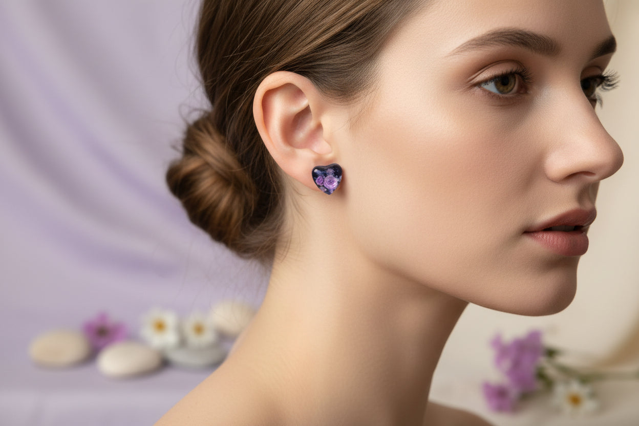 Cabochon Earring Heart Purple Flowers