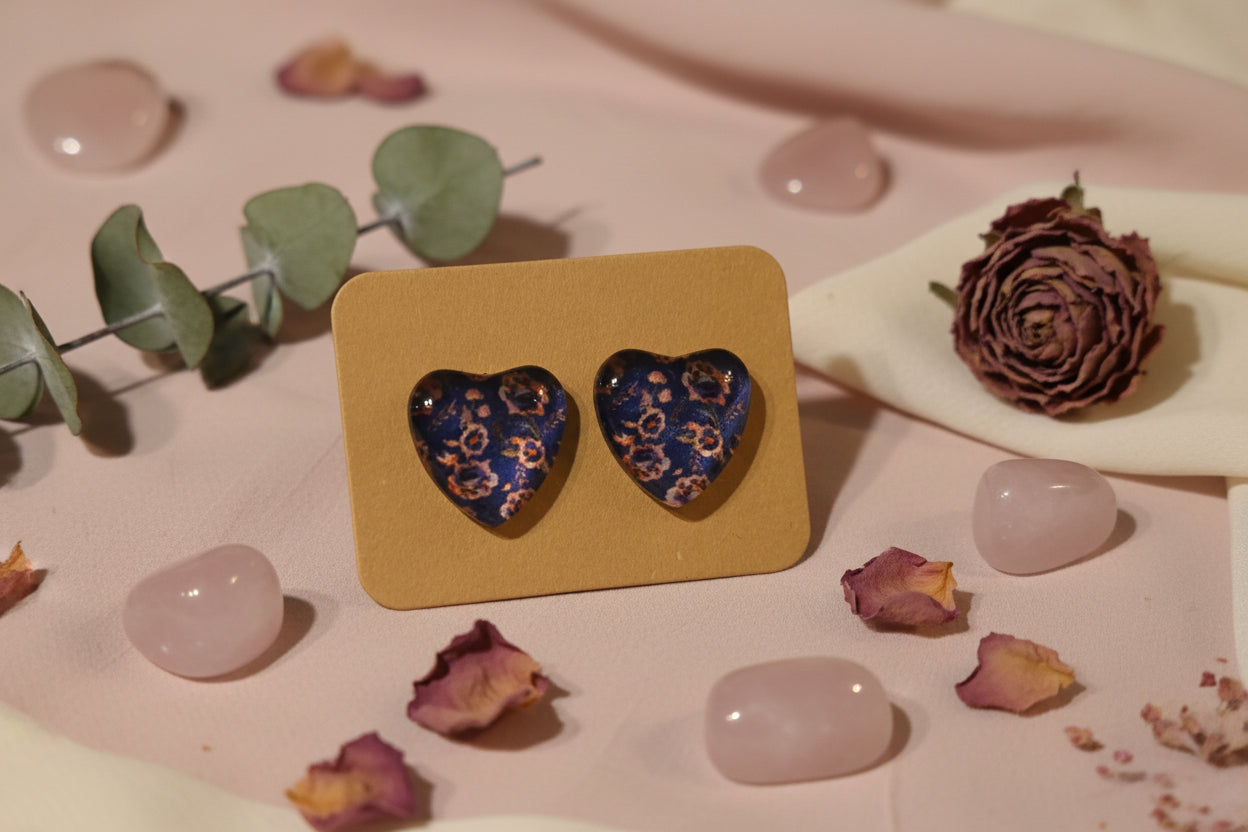 Cabochon Earring Heart Purple Flowers