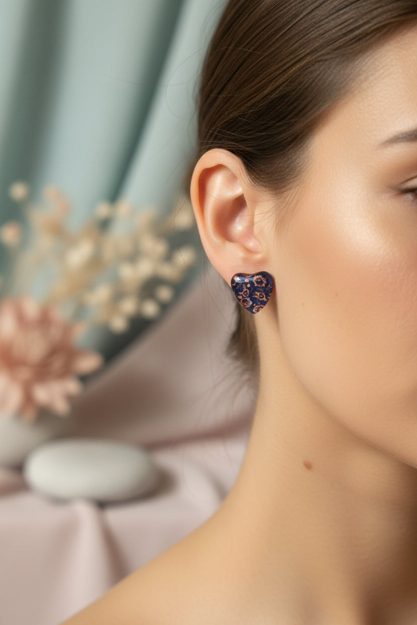 Cabochon Earring Heart Purple Flowers