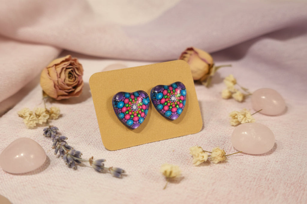 Cabochon Earring Heart Blue Mandala