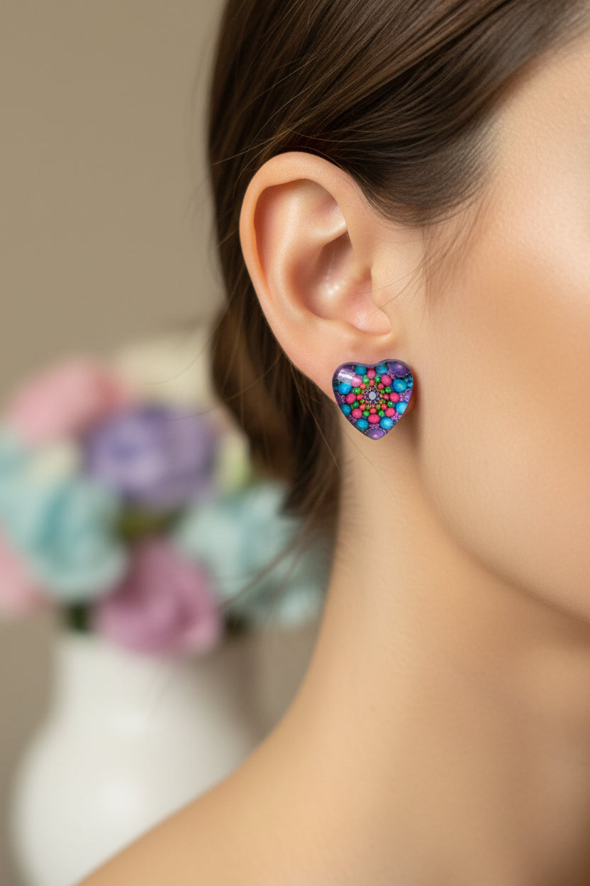 Cabochon Earring Heart Blue Mandala