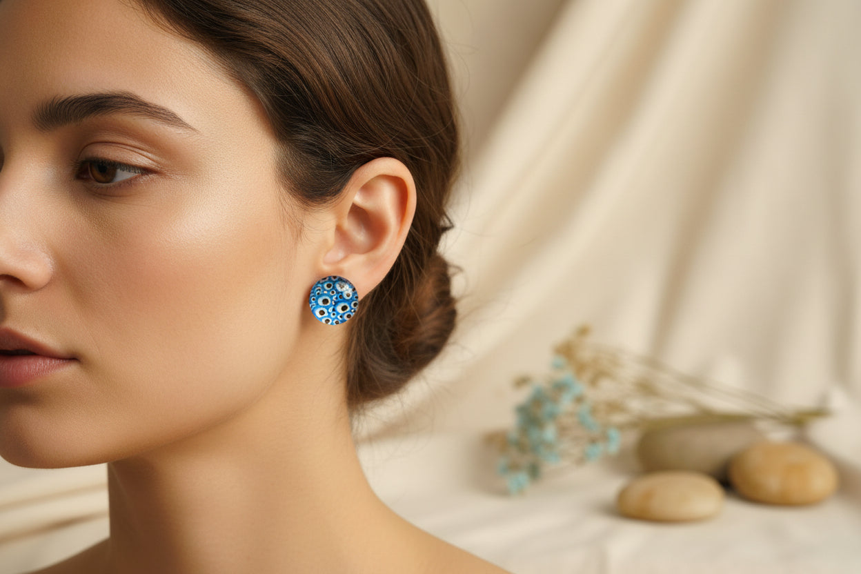 Cabochon Earring Mystical Blue All Seeing Eyes