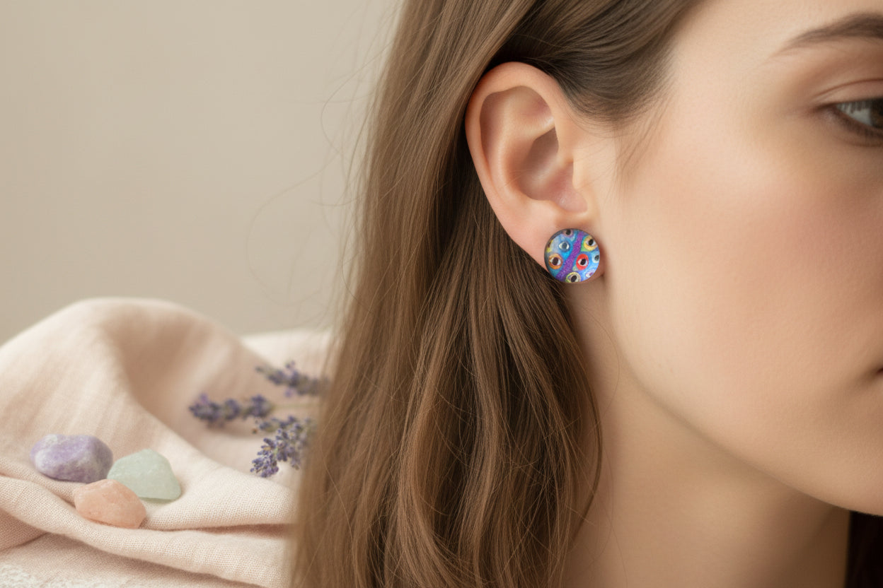 Cabochon Earring Mystical All Seeing Eye Colorful