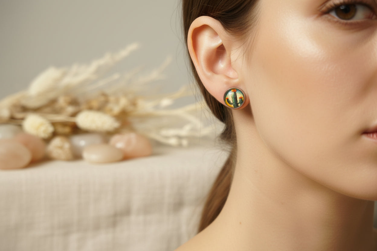 Cabochon Earring Nature Cactus