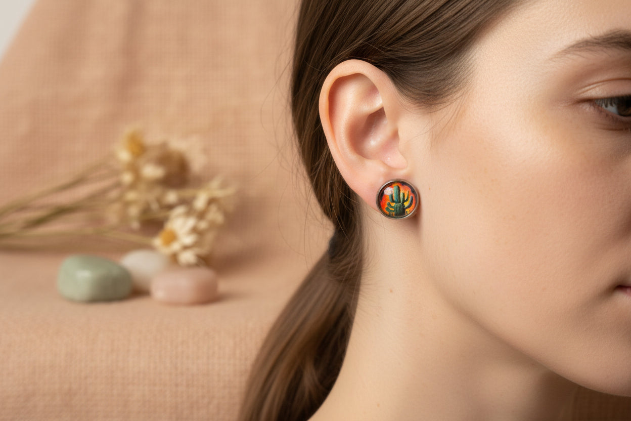 Cabochon Earring Nature Cactus
