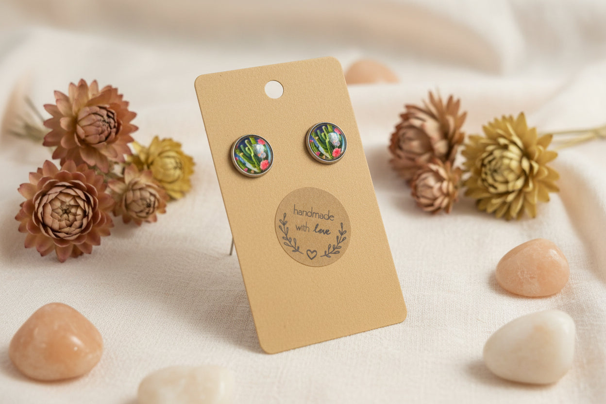 Cabochon Earring Nature Cactus
