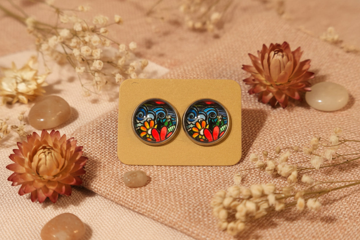 Cabochon Earring Red Flowers 