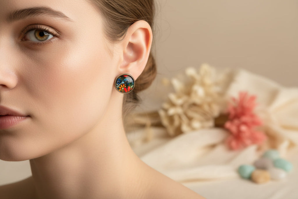 Cabochon Earring Red Flowers 