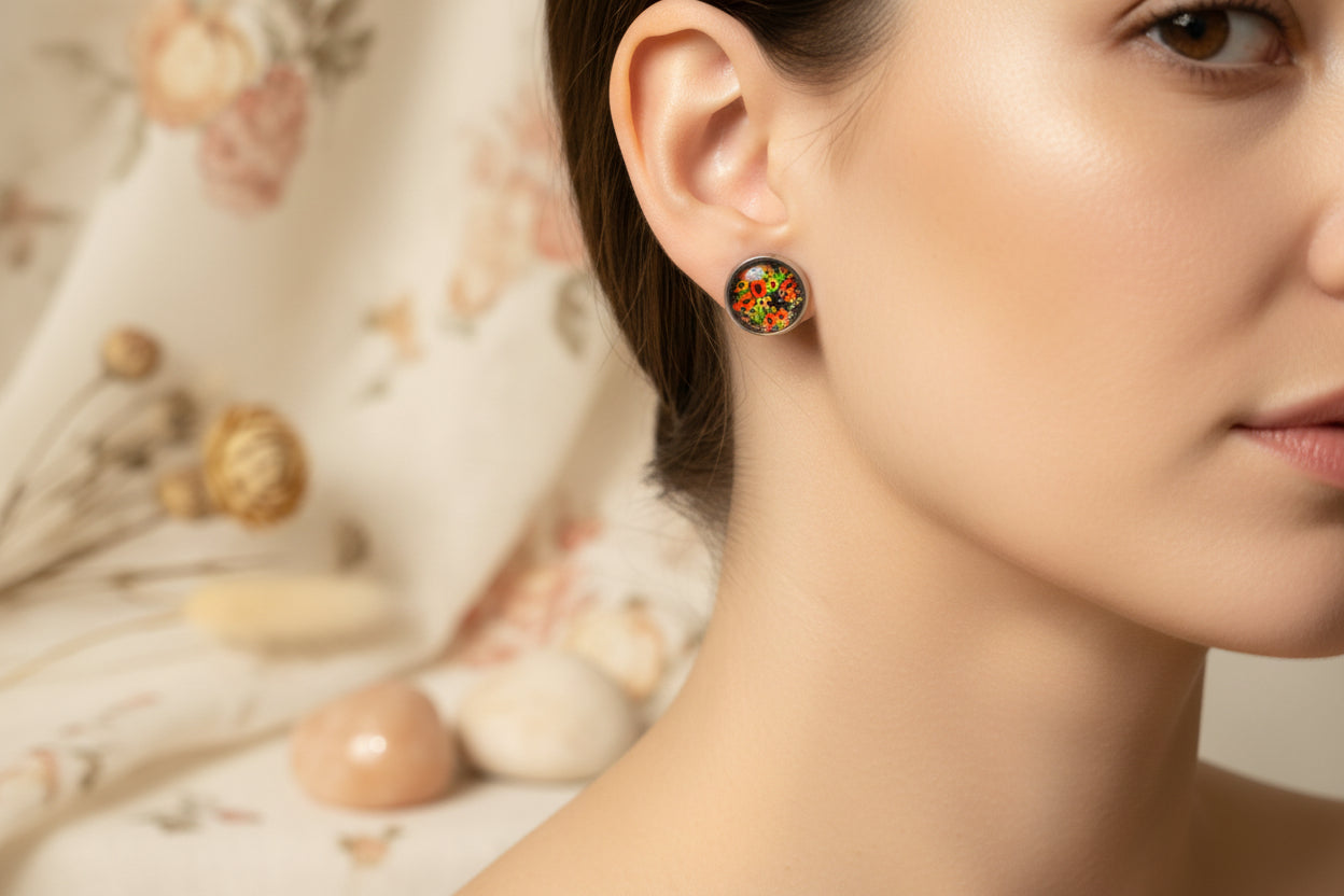 Cabochon Earring with Blossom Flowers