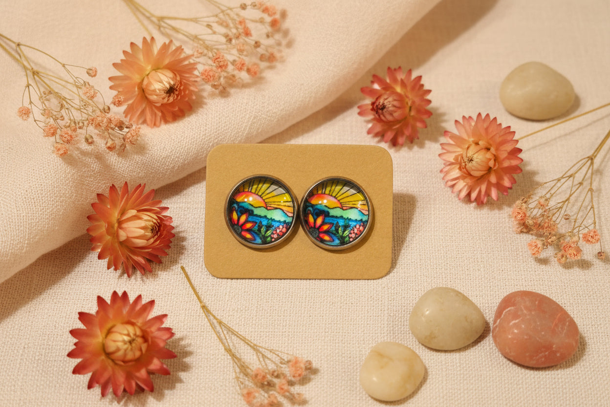 Cabochon Earring Nature Sunrise