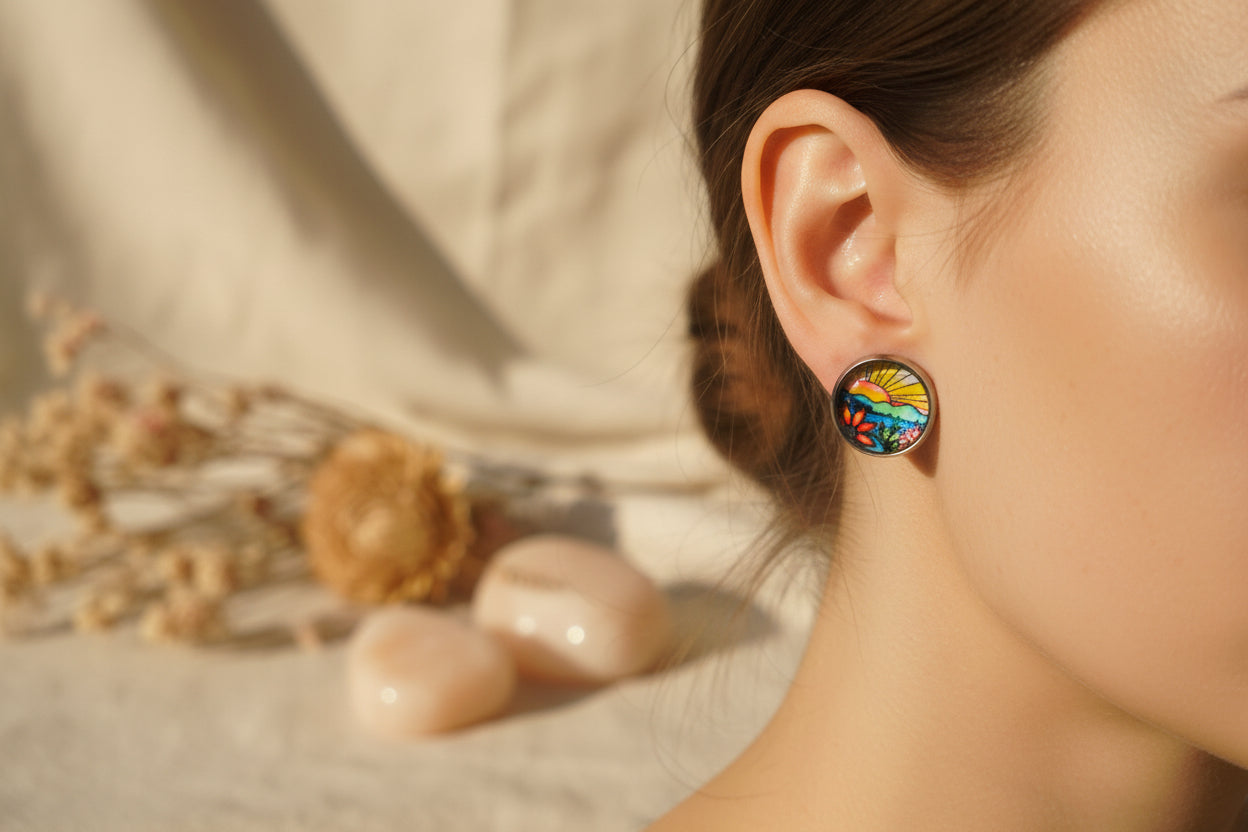Cabochon Earring Nature Sunrise