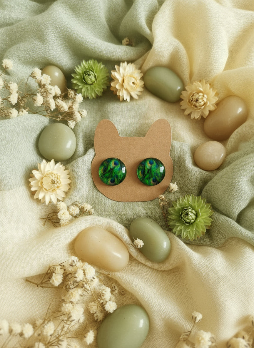 Cabochon Earring with Peacock