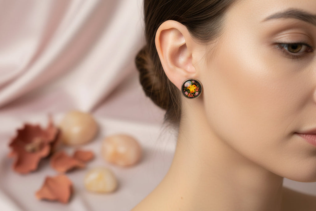 Cabochon Earring with Yellow Flowers