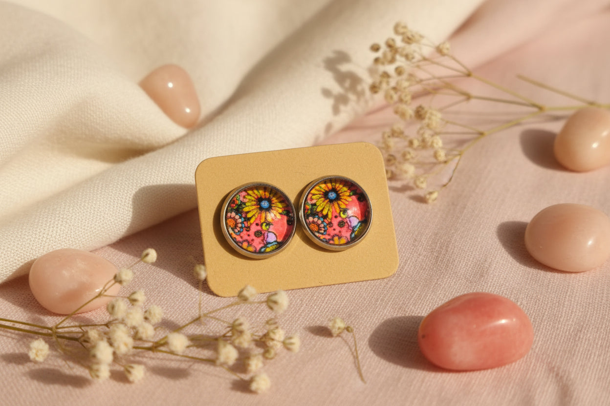 Cabochon Earring with Vivid Flowers