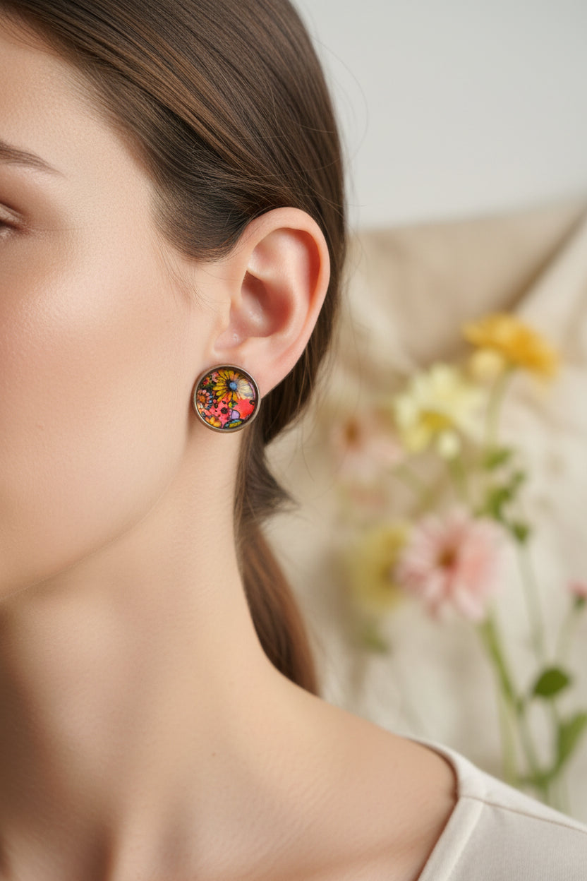 Cabochon Earring with Vivid Flowers