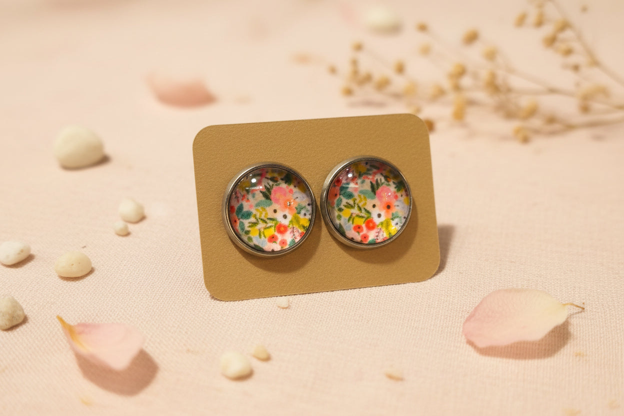 Cabochon Earring Pink Flowers