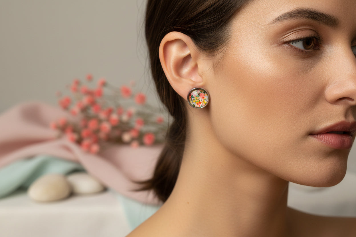 Cabochon Earring Pink Flowers