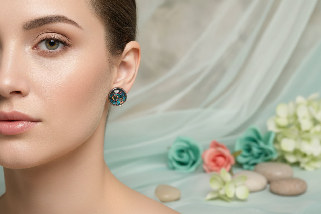Cabochon Earring with Traditional Flowers
