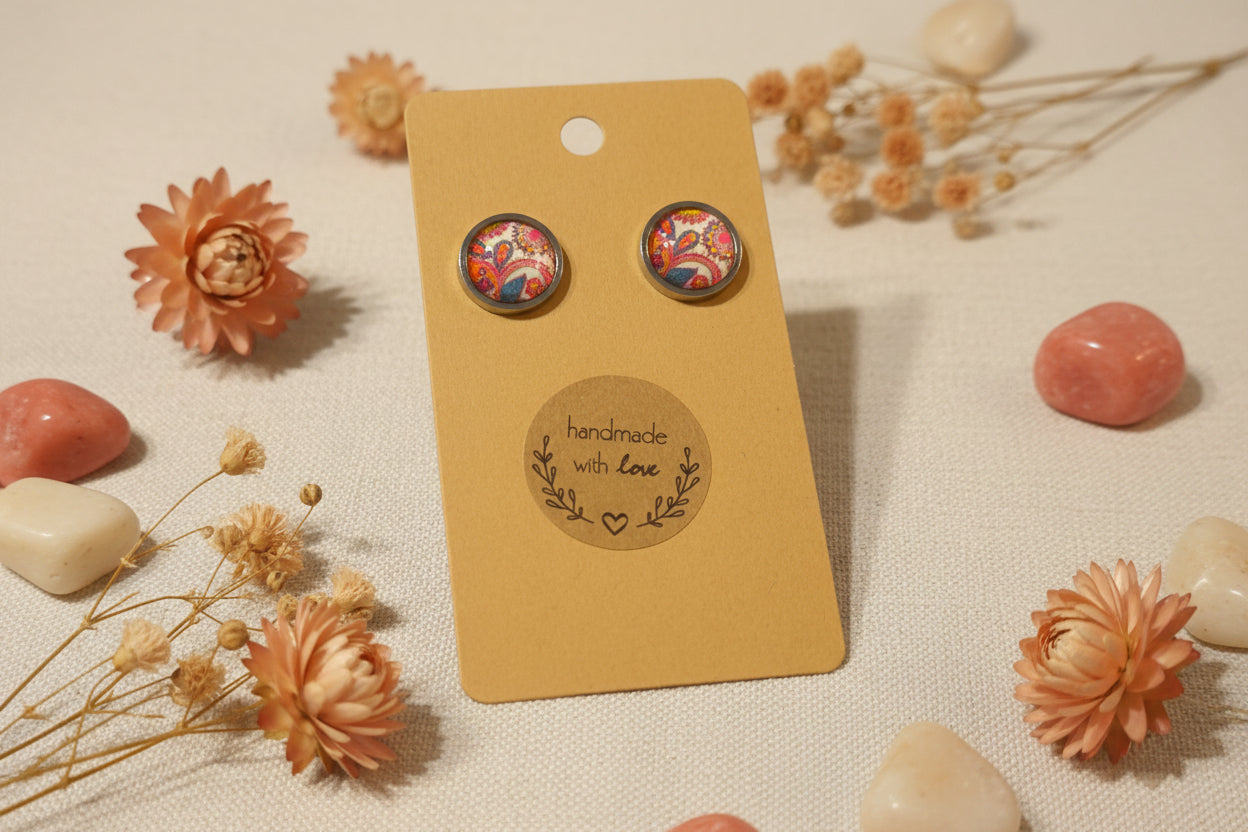 Cabochon Earring with Pink Flowers