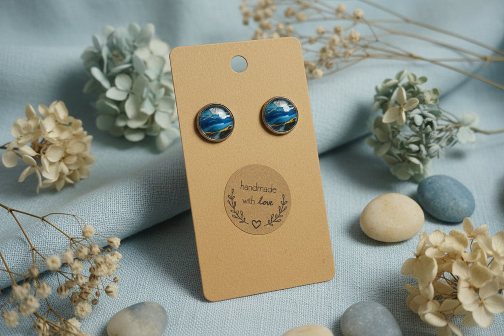 Cabochon Earring Mineral Style Blue Waves